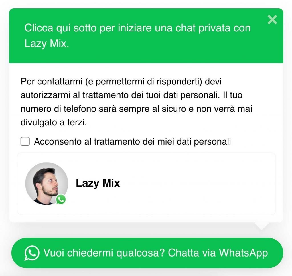 Esempio di consenso da integrare nella chat di WhatsApp sul Sito Web in WordPress.